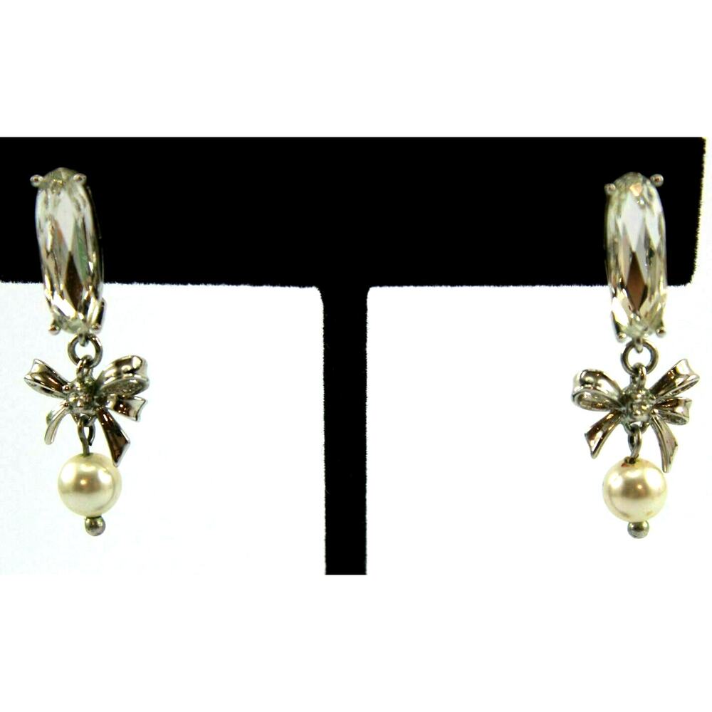 Oblong Crystal Bow Faux Pearl Drop Dangle Earrings Silvertone Marked RSE CN